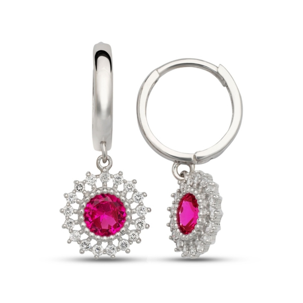 Halo Gemstone CZ Diamond Dangle Earrings For Women In 14k White Gold
